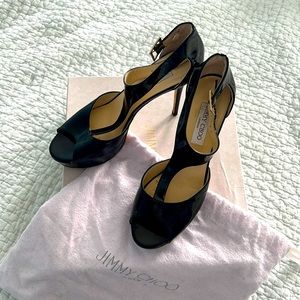 Jimmy Choo, black, patent leather t-strap, platform heels